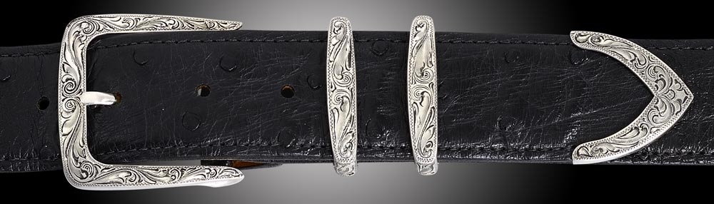 EF61, Denver, Fine Engraved 4 piece buckle set Black Ostrich