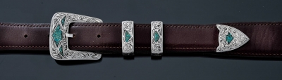 EF48T 1&quot; fine engraved with turquoise chip inlay 4 piece buckle
